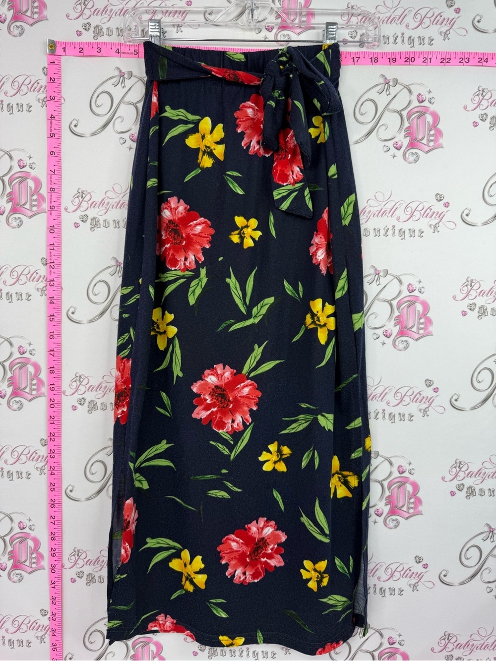Magazine skirt long Floral Tie-Waist Maxi Skirt - Navy with Red & Yellow Flowers